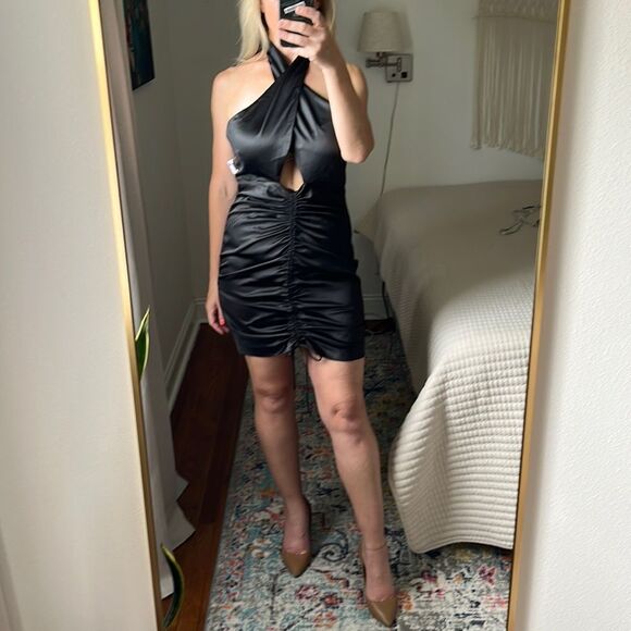 Bardot Dress Womens XL Black Minidress Halter Cross Over‎ Ruched - Picture 1 of 12